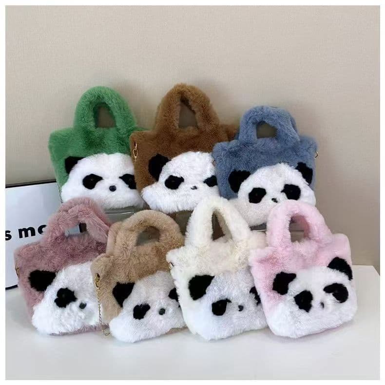 Cross-Border New 2025 Furry Bucket Bag Cute Panda Face Plush Bag Large Capacity Handbag Shoulder Crossbody Bag
