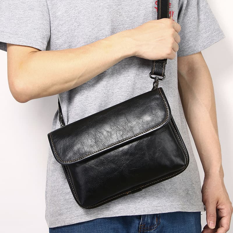 Men's Genuine Leather Crossbody Bag Custom Summer Trendy Men's Shoulder Bag Leather Top Layer Cowhide Crossbody Bag Black