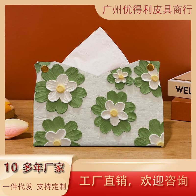 New Leather Tissue Box Oil Painting Flower Light Luxury Style Storage Restaurant High-End Living Room Office Desk Decoration Paper