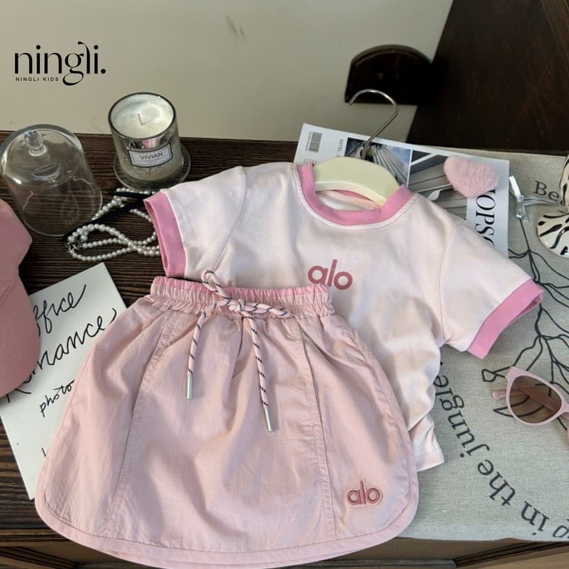 Ningli Korean children's clothing new summer girls color matching letter short sleeve T-shirt children's pink culottes two-piece trendy