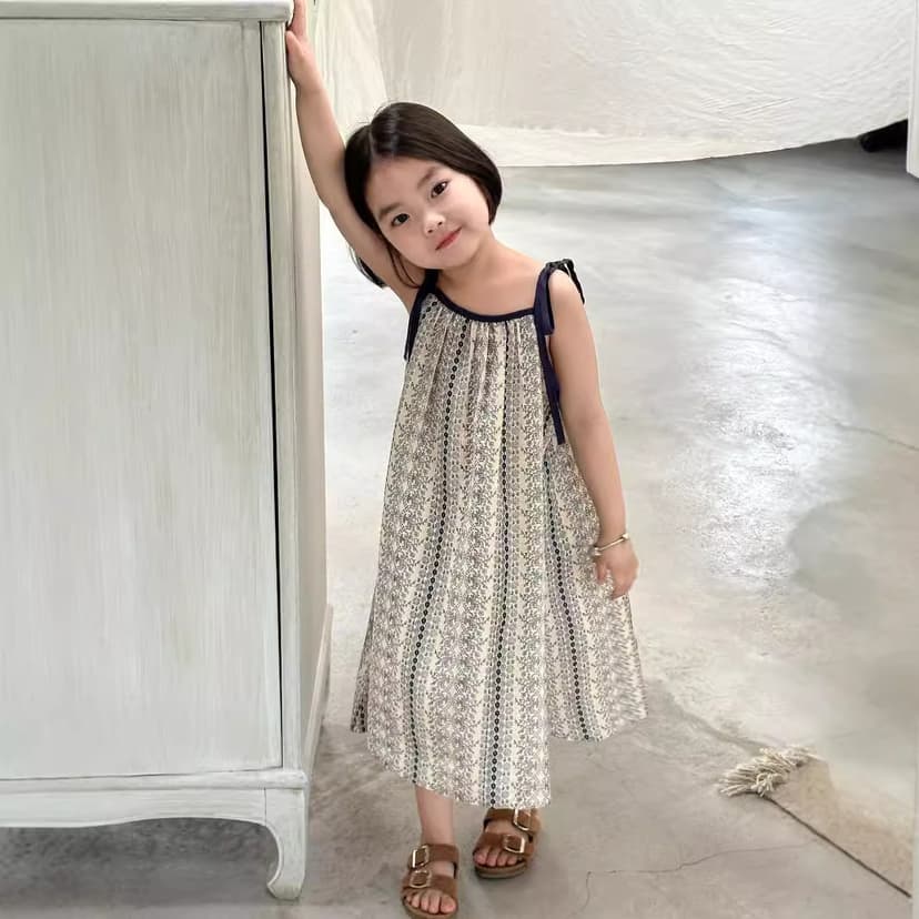 2026 Summer New Korean Children's Clothing Korean Style Lace-Up Cute Floral Loose Girls' Dress