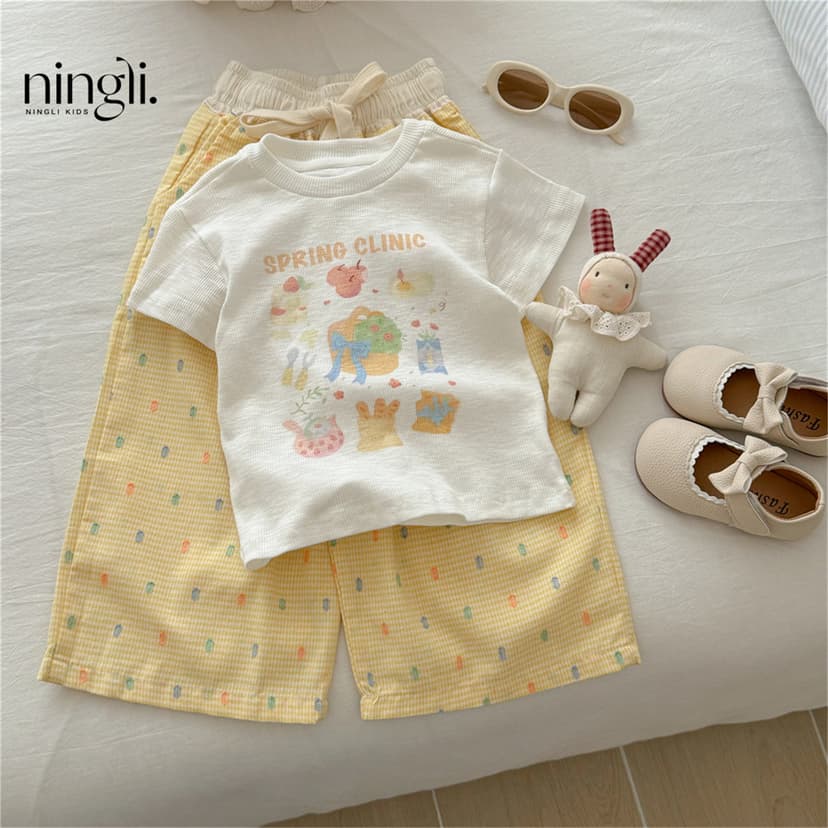 Lime Girl's Summer suit New Korean-style Cartoon Printed Short-sleeved T-shirt Women's Baby's Wide-leg Pants Two-piece Fashionable Set
