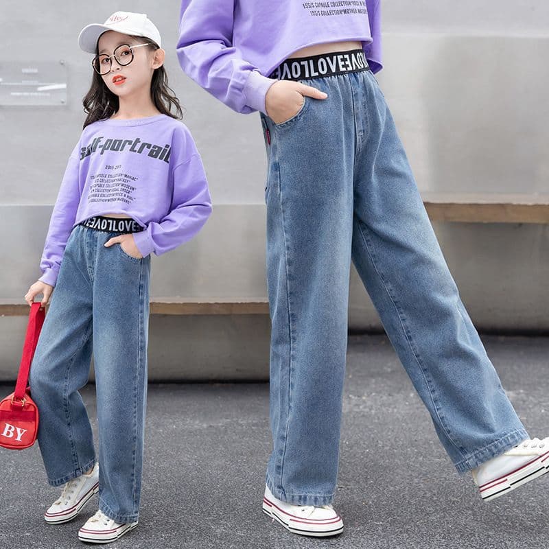 Girls' Pants Spring and Autumn Outfit Western-style Autumn Trousers Large Children's Autumn and Winter fleece-lined Wide Leg Pants Children's Jeans