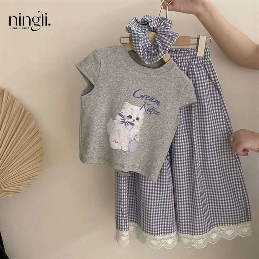 Girls' Summer Outfit Set: New Summer Children's Clothing for Girls, Printed Short Sleeve Top and Plaid Wide-Leg Pants Two-Piece Set