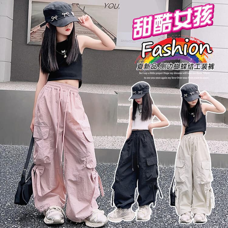 Girls' Summer Long Pants 2026 New Fashion Thin Printed Bow Cargo Pants Slim Fit Vest Trendy