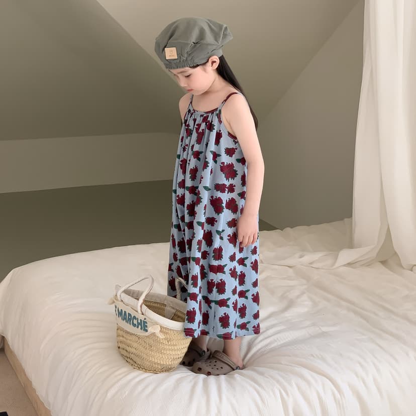 Children's Dress 2026 Summer Style Girls' Korean Fashion Stylish Sleeveless Long Dress with Full Rose Print, Flattering Dress for Little Girls