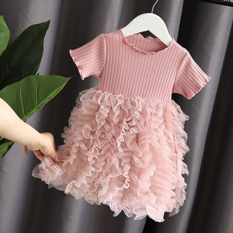 Girls' 2026 New Baby Dress Princess Style Children's Clothing Ribbed Mesh Skirt Stylish Patchwork Cake Summer Dress Puffy