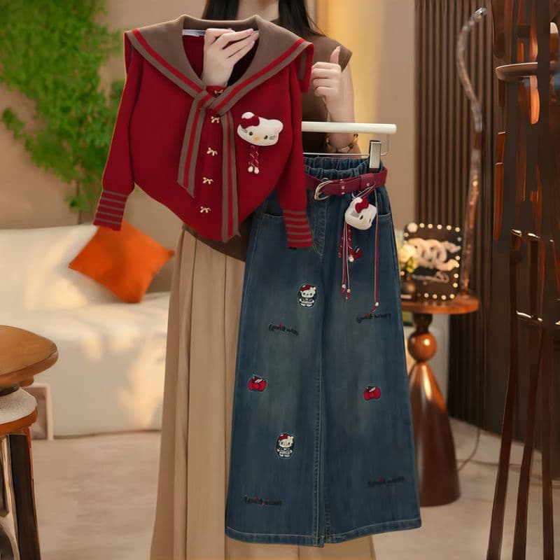 High-Quality Original Cartoon Fairy Tale Sweater + Embroidered Cartoon Jeans with Belt Two-Piece Set in Stock
