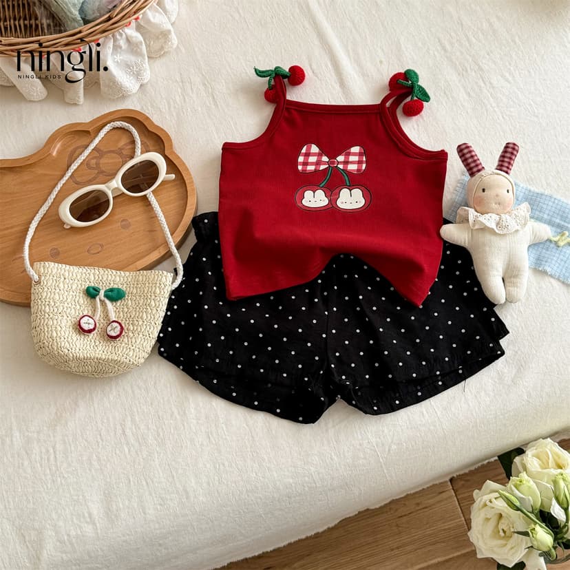 [Nengli] 2026 Summer Girls' Cute Cartoon Print Sleeveless Top and Polka Dot Bowknot Bloomers Set