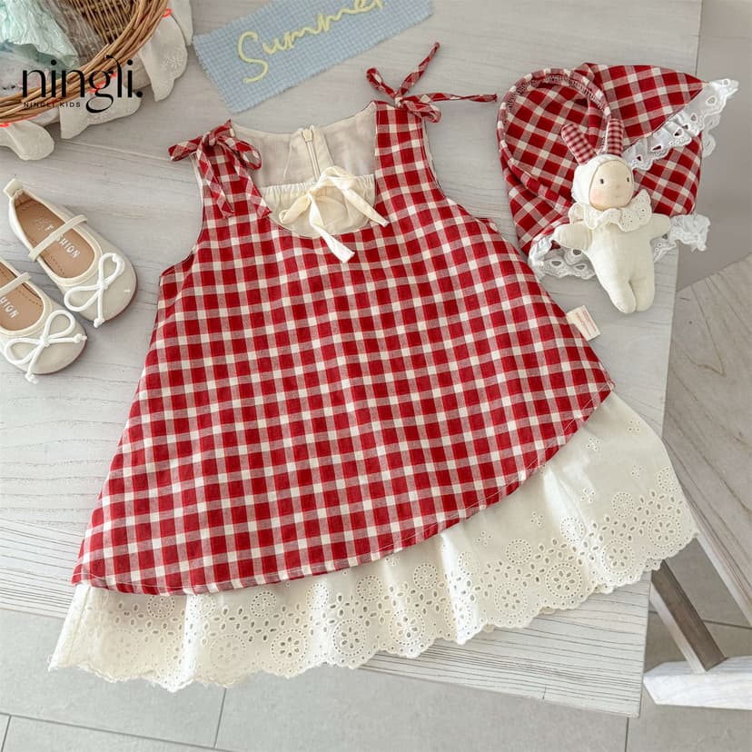 [Free Headband] Children's Clothing Girls Red Plaid Cotton Dress Summer New Style Kidsren's Baby Girl Vest Dress