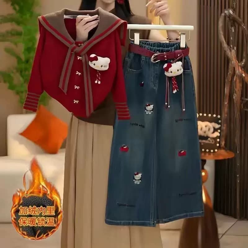 Girls' Autumn and Winter Outfit 2025 New Stylish Navy Collar Knit Sweater Cartoon Jeans Set Trendy