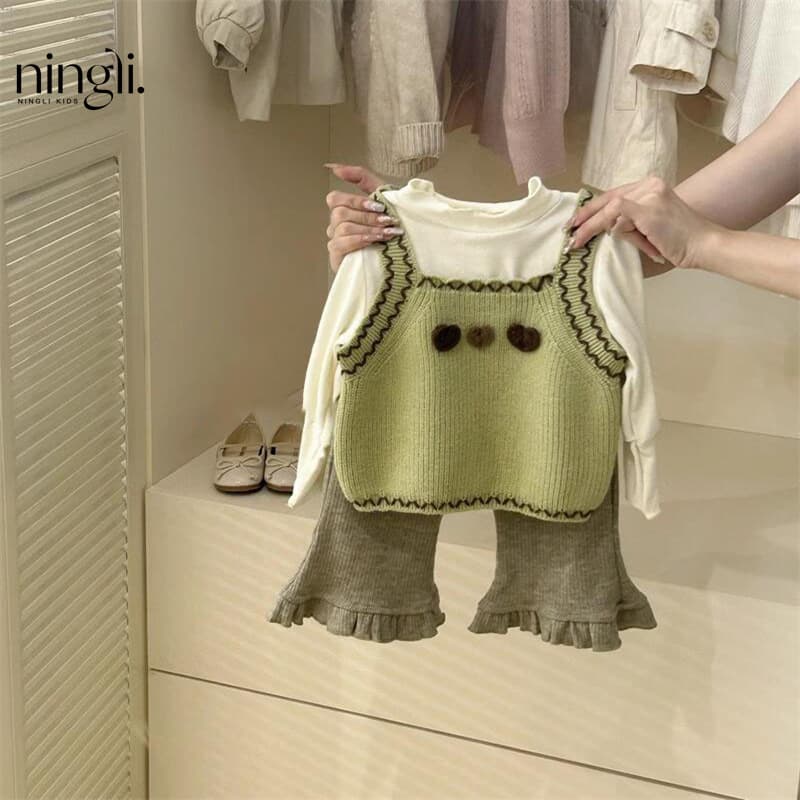 Ningli Girl's Spring and Autumn suit New Arrival Baby Girl's Stylisch Cyber Celebrant Undercoat Wool Vest Casual Pants Three-Piece Set