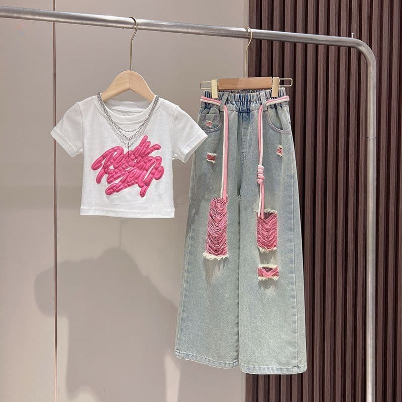 Cross-Border Children's Clothing Girls Summer Suit Graffiti Short-Sleeved Colorful Denim Ripped Pants Two-Piece Set Children's Wide-Leg Pants