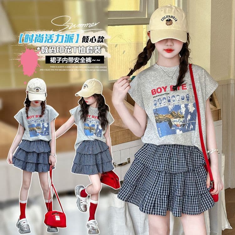 Trendy Korean-Style Girls' Dress Set for Older Children, Summer New Fashionable Letter Sleeveless Cake Dress Two-Piece Set