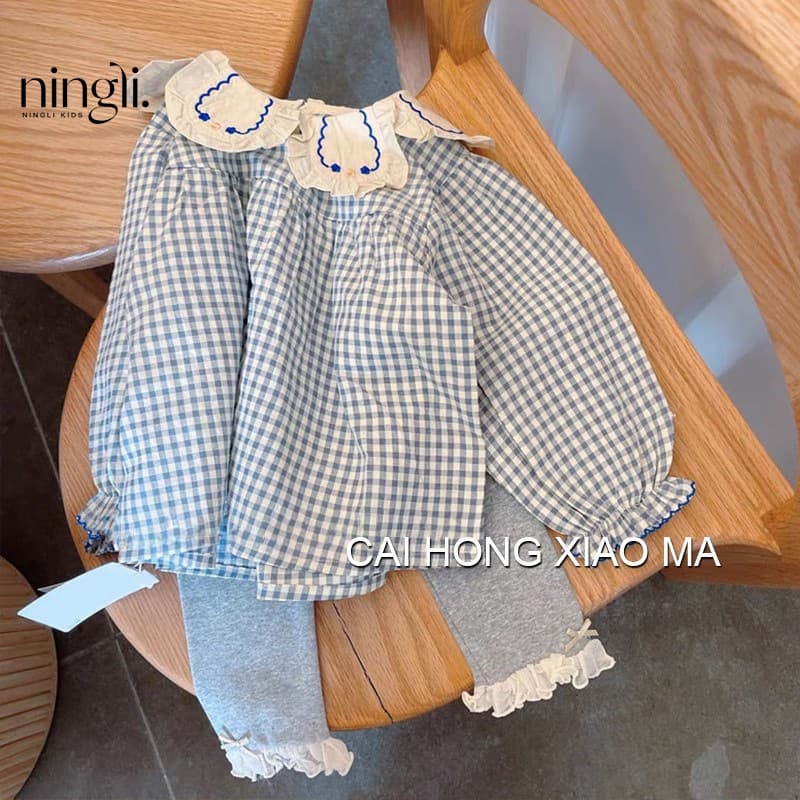 Lime Autumn Wear Children's Wear Girls' Puff Sleeve Shirt Children's Western Style Blue Plaid Baby Doll Shirt Long Sleeve Top