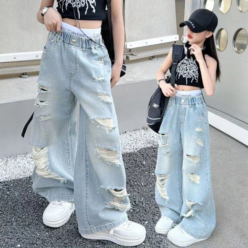Summer strapless vest hot drilling hole Denim wide leg pants