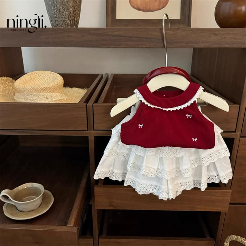 [Lemon] Ballet Aesthetics! Baby Girl Red Bow Embroidered Vest Hollow Cake Skirt Trendy suit