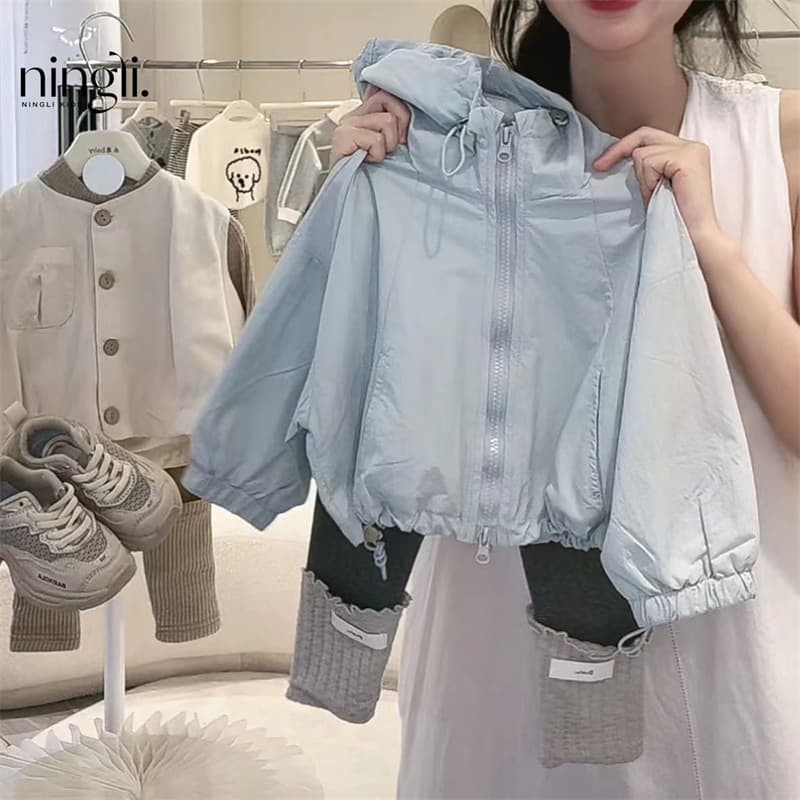 Ningli Girls Korean Style Windbreaker Jacket 2025 Autumn New Style Children's Fashionable Casual Hooded Jacket Trendy