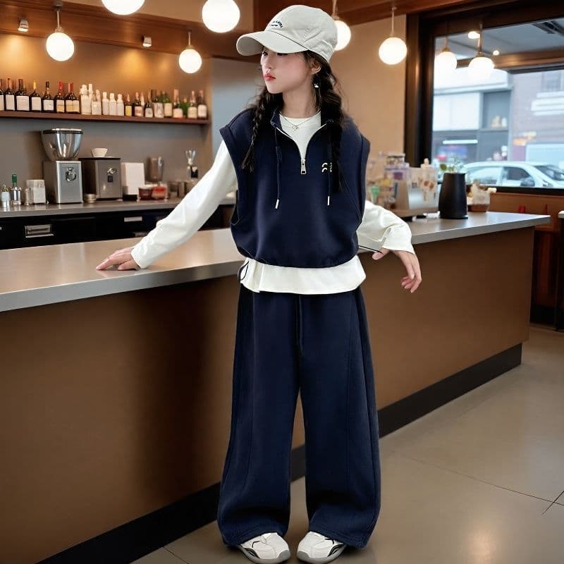 Girls' Casual Contrasting Color Splicing Vest, a Complete Set of Korean-Style Autum New Half-Zip Shirt Suits for Middle-Aged and Older Children