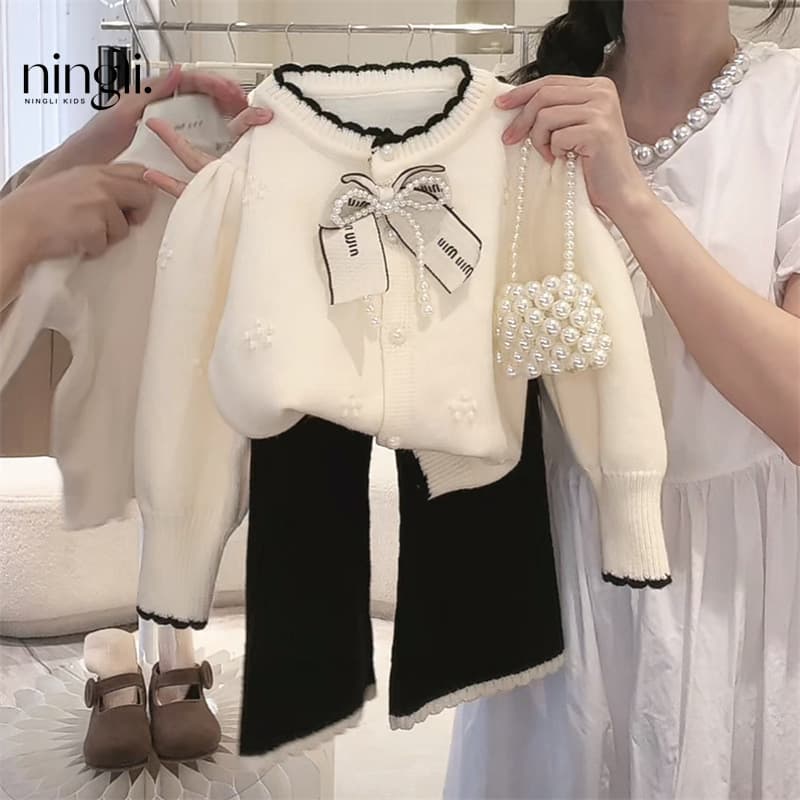 Lime Girl's Spring suit Autumn Korean Style Baby Girl's Chanel Style Sweater Jacket Loose Flared Pants Two-piece Set