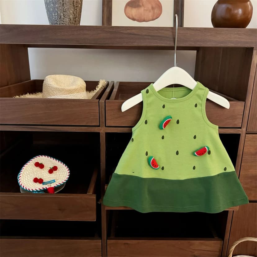 South Korea Baby Girl dress Summer New 2025 Green Cool Watermelon Vest Dress Stitching Three-dimensional Princess Dress