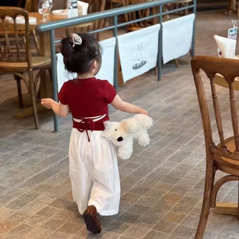 Girls' Summer Korean Style Short-Sleeved Suit 2026 New Style Baby Fashionable Back-Tie T-Shirt White Wide-Leg Pants