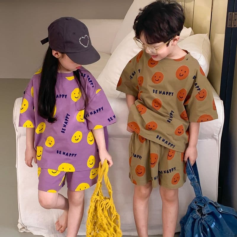 Korean Style Children's Casual Suit Summer Style Short-Sleeved Shorts for Men and Women Baby Cartoon Smiling Face Two-Piece Sports Set