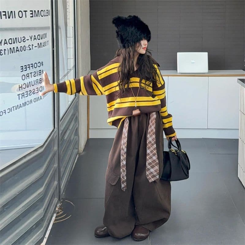 Girls Striped Lapel Sweater + Coffee Color Cargo High Waist Scimitar Pants