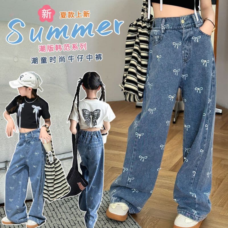 Girl's Vintage Washed Blue Bow Print Beaded Jeans Summer Children's High Waist Wide Leg Pants