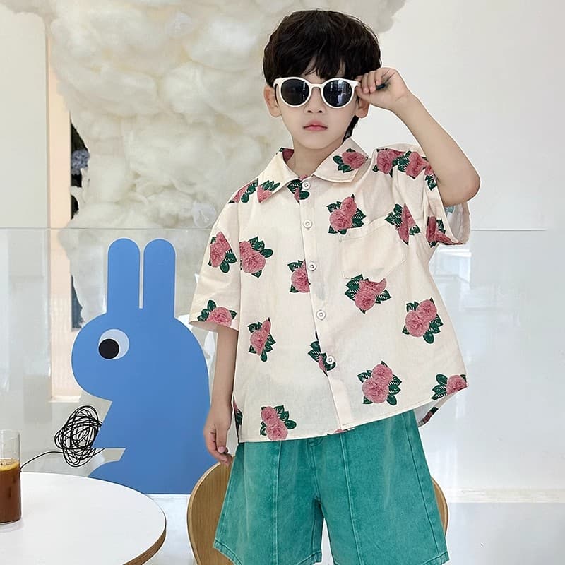 Boys' Floral Shirt Summer New Style Half-Sleeved Top Holiday Style Baby Shirt Hong Kong Style Retro Short-Sleeved Shirt