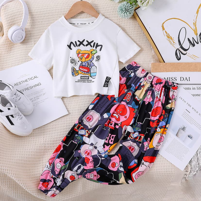 Girls' Summer Outfit Cartoon Short-Sleeve T-Shirt + Mosquito-Repellent Pants Two-Piece Children's Clothing Summer Outfit for Older Children Pure Cotton T-Shirt Set