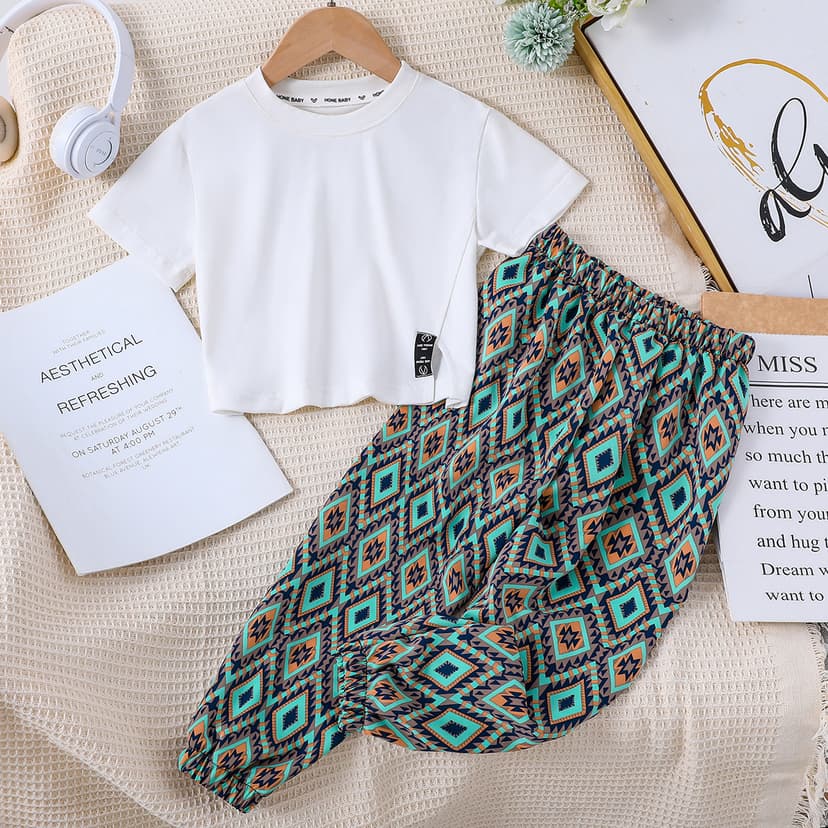 Girls' Suit Summer New Large Children's Letter Western Style Short Sleeve T-shirt and Anti-mosquito Pants Two-piece Cross-border Children's Clothing