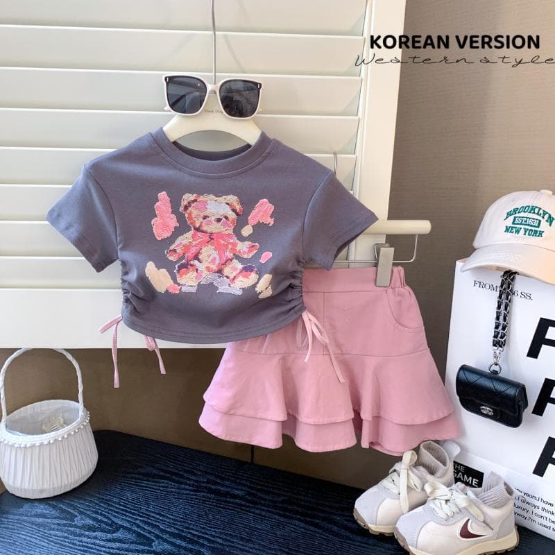Girls' Summer Outfit 2026 Stylish Children's Fashionable T-Shirt Baby Cartoon Drawstring Short-Sleeve Short Skirt Two-Piece Set