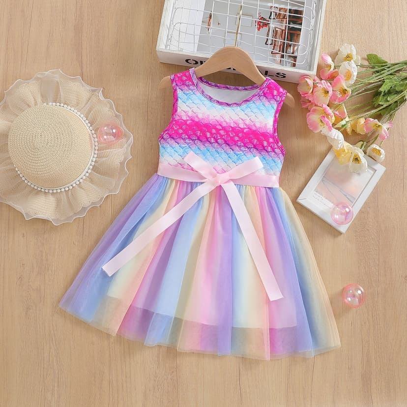 Foreign Trade INS Large Children and Girls Summer Small Bead Flower Design Stitching Color Mesh Sleeveless Dress