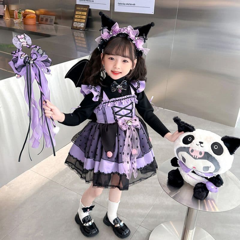 Girls Kuromi Lolita Princess Dress Halloween Autumn and Winter Long Sleeve Cos Clothes Wings Children's Luminous Dress