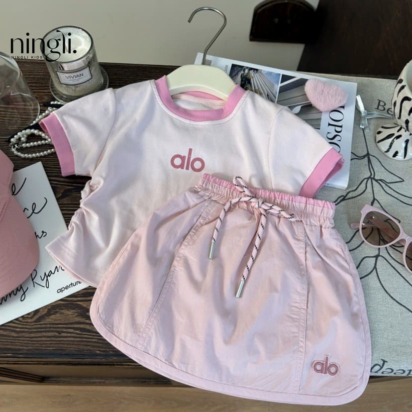 Ningli Children's Clothing [Processing and Customization] Summer Girls Color Block Letter Short Sleeve T-Shirt Children's Pink Skirt Suit