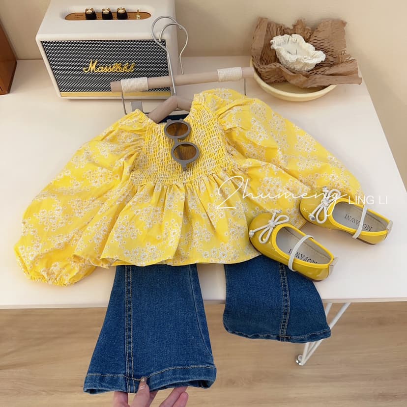 Lime Women's Children's Clothing Fashionable Western Style Suit Autumn Clothing Children's Yellow Bubble Sleeve Floral Shirt Jeans Two-piece Set