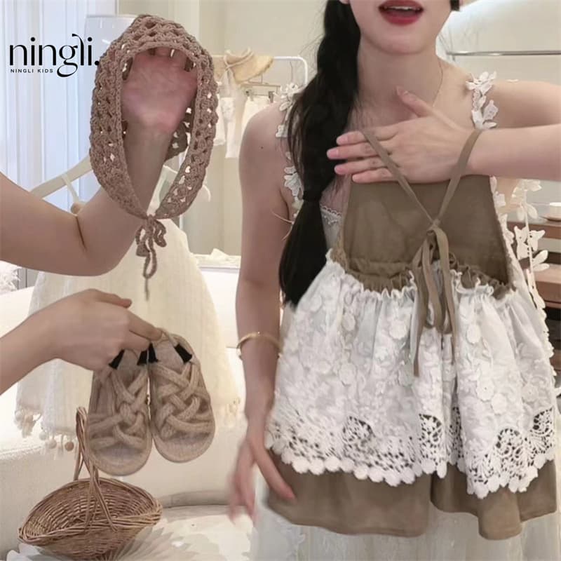 [send headscarf] summer new girls retro embroidered together with straps dress children's lace strap dress