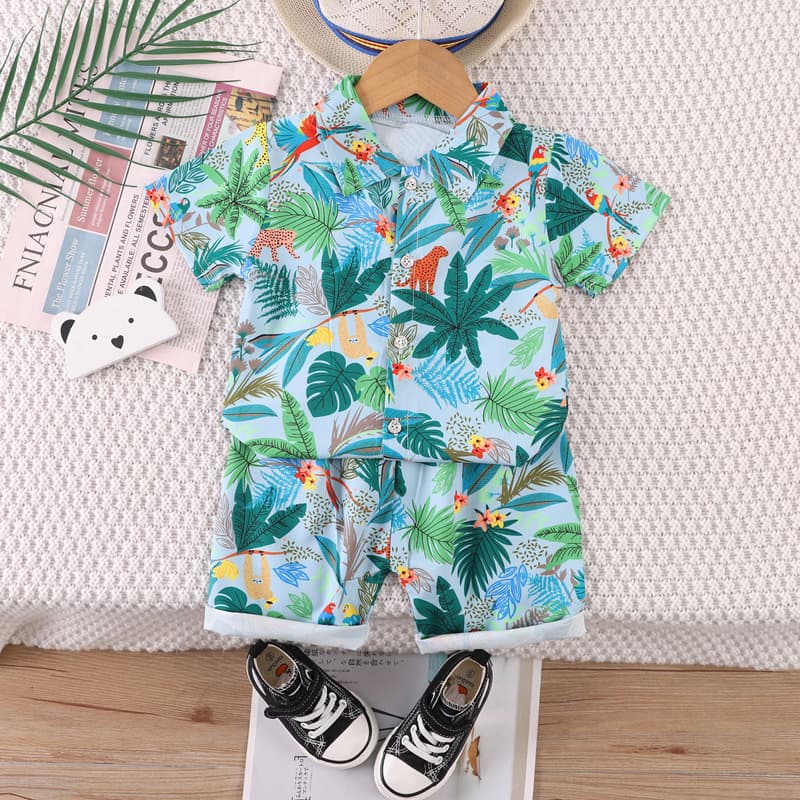 Cross-border children's clothing children's Hawaiian style flower shirt 0-4 years old boy full print coconut tree short sleeve T-shirt 2-piece set