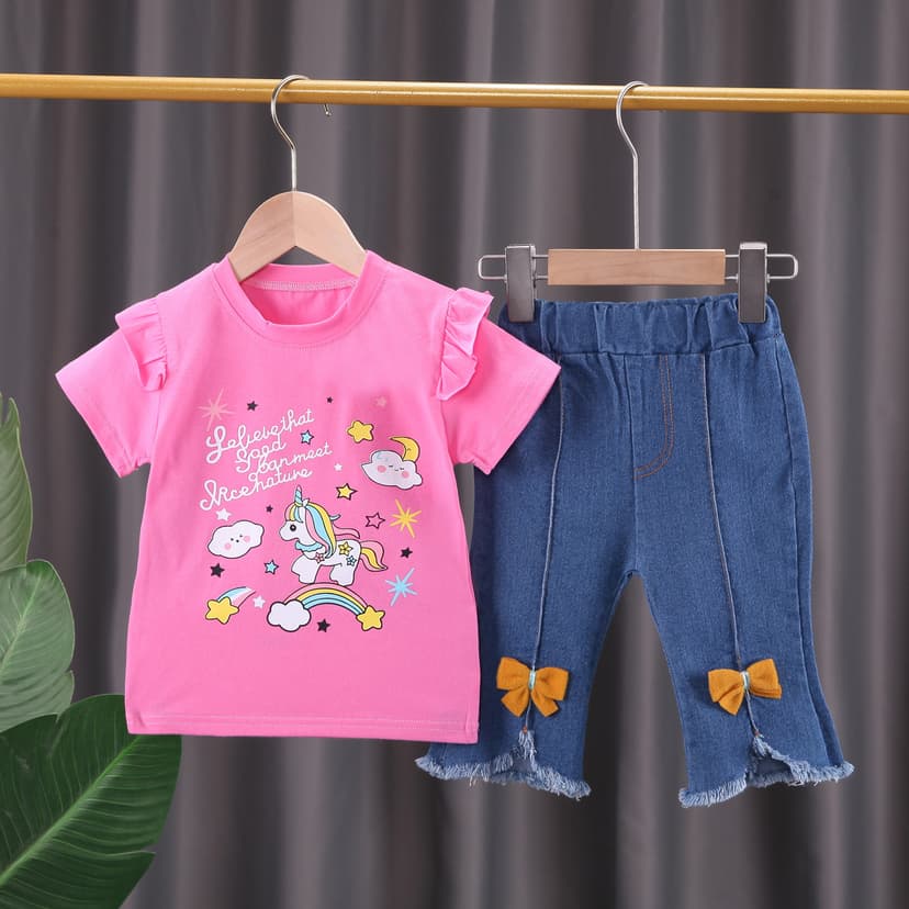 Girls Summer Suit 2025 New Children's Cartoon Letter Short Sleeve Rainbow Pony Casual Jeans Two-Piece Set