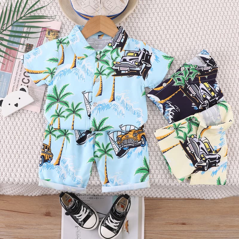 Short-Sleeved Suit Hawaiian Style Beachwear 0-4 Years Old Boys' Shirt and Shorts Two-Piece Set with Cute Cartoon Pattern