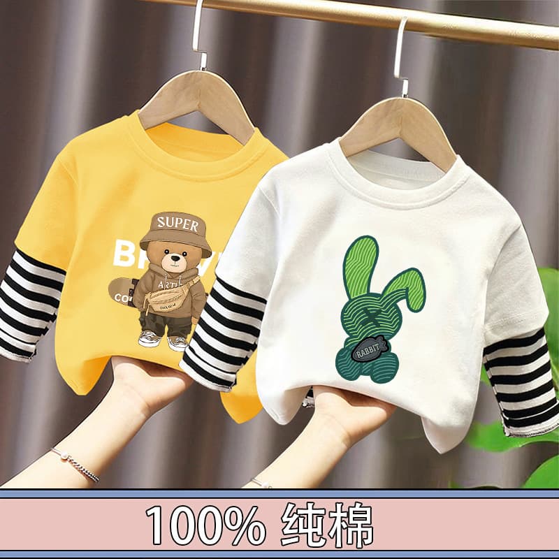 Children's Long-Sleeved T-Shirt Pure Cotton 2025 New Spring and Autum Boys' Fake Two-Piece Spliced ​​Sleeve Tops Baby Bottoming Shirt