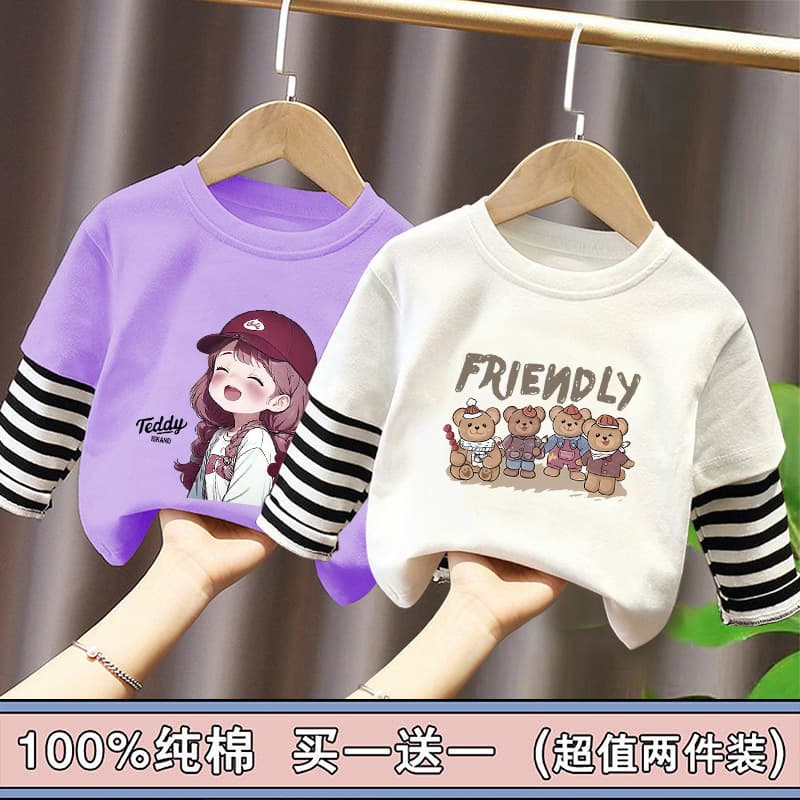 Spring and Autumn New Style 100% Cotton Girls' Fake Two-Piece Long-Sleeved T-Shirts Children's Cartoon Cute Printed Contrast Color Tops for Women