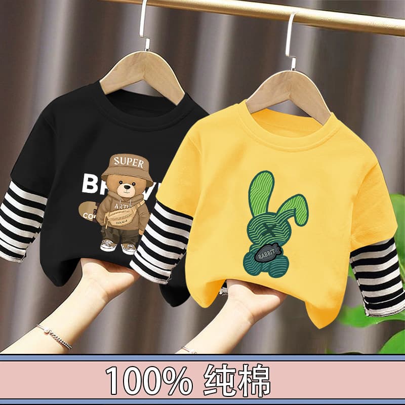 Children's Long-Sleeved Cartoon T-Shirt 2025 Spring & Fall New Style Boys' Pure Cotton Fake Two-Piece Tops, Fashionable and Cute Bottoming Shirts