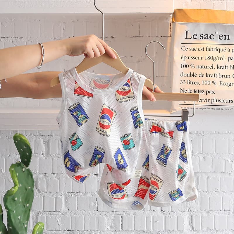 Boys Suit Summer Kidsren's Sleeveless Vest Shorts Ice Silk Cartoon Two-Piece Set 2025 New Thin Breathable Elastic