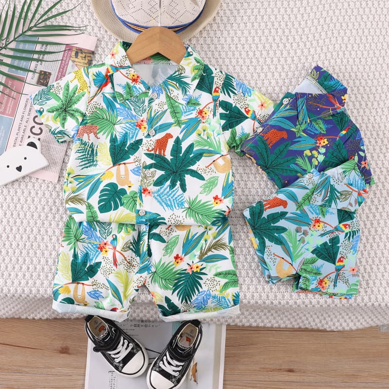 Cross-Border Wholesale Children's Clothing Children's Hawaiian Style Floral Shirt 0-4 Years Old Boys Full Printed Coconut Tree Short-Sleeved 2-Piece Set