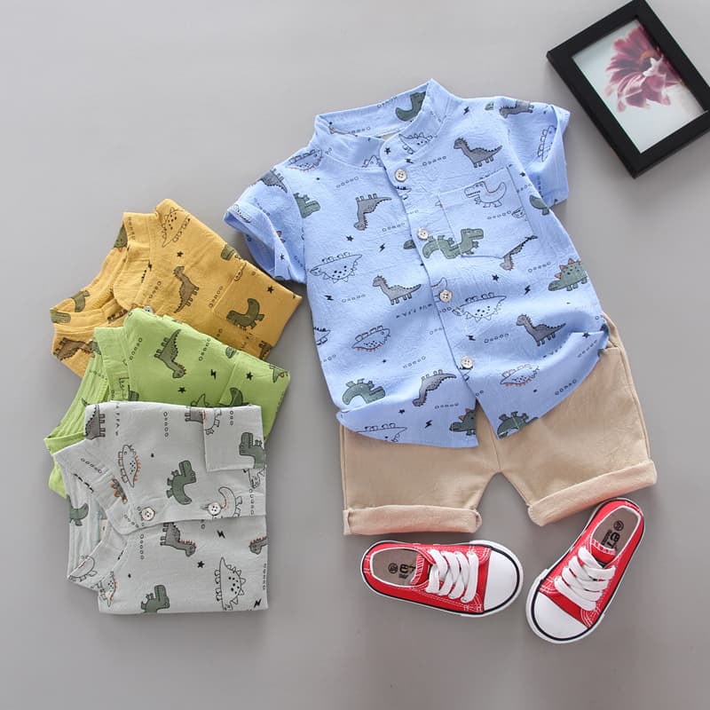 Children's short sleeve suit boy cartoon dinosaur pattern shirt suit manufacturers wholesale support cross-border 1 piece generation hair