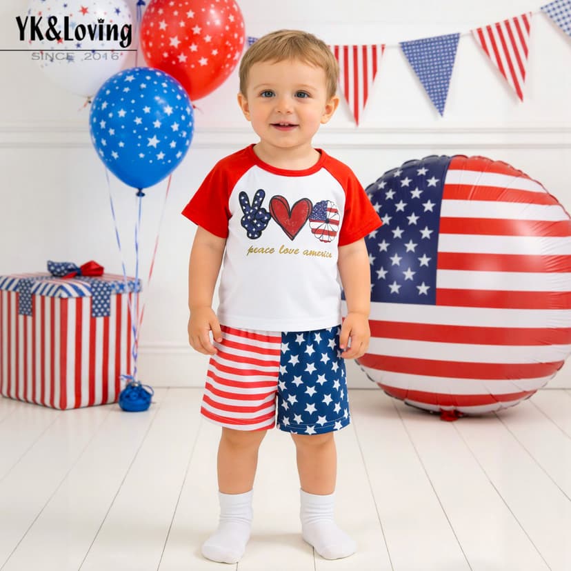 Independence Day Boys' Suit Cartoon Printed Red and White Stitching Short-Sleeved T-Shirt Shorts 2-Piece Baby Party Dress