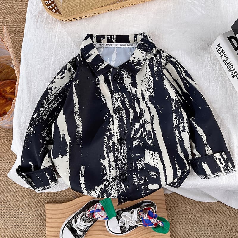 Spring and Autumn new casual Ice Silk long-sleeved printed children's breathable boys and girls baby shirt cool handsome cartoon lapel