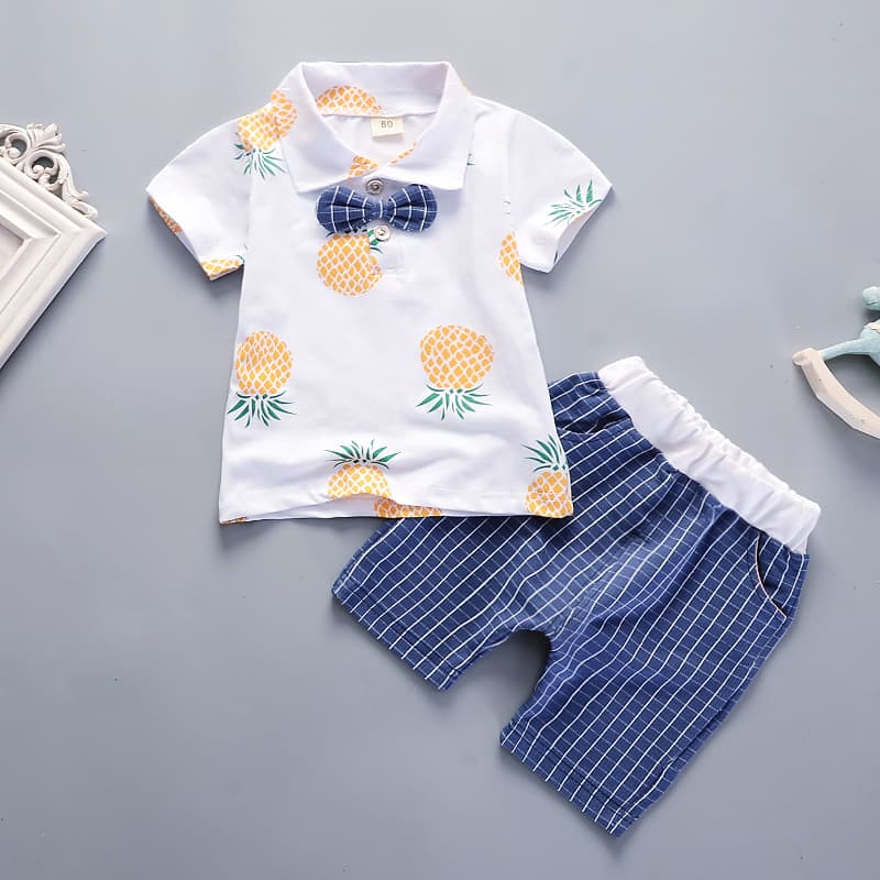 Boys' summer clothing suit handsome children's western style bow tie new boys' summer short sleeve children's lapel children's clothing fashion